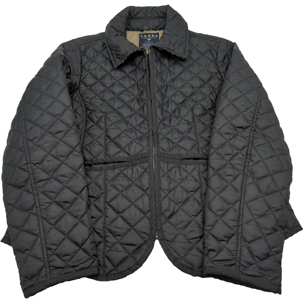 Three Clothing Co Mens Large Black Quilted Diamond Stitch Full Zip Jacket Plaid